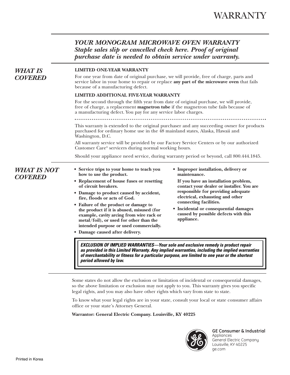 Warranty, What is not covered | GE ZE2160SF User Manual | Page 28 / 28