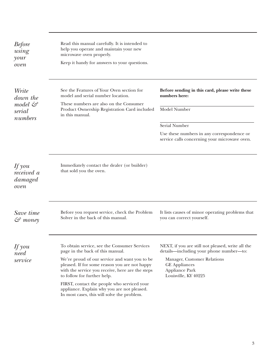Appliance registration, Consumer services, Model and serial number location | Before using your oven, Write down the model & serial numbers, If you received a damaged oven, Save time & money, If you need service | GE ZE2160SF User Manual | Page 3 / 28