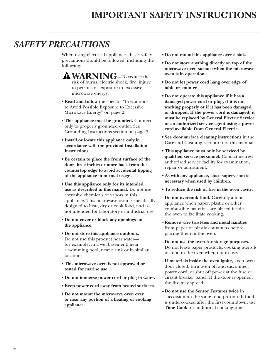 Safety instructions, Important safety instructions safety precautions, Warning | GE ZE2160SF User Manual | Page 4 / 28