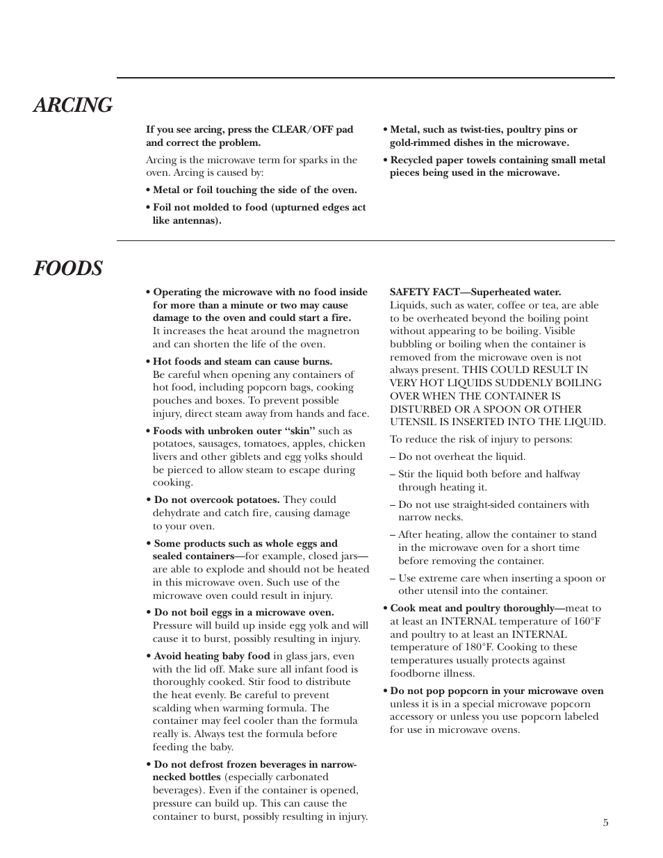 Aluminum foil, Aluminum foil , 6, 15, 22, Foods arcing | GE ZE2160SF User Manual | Page 5 / 28