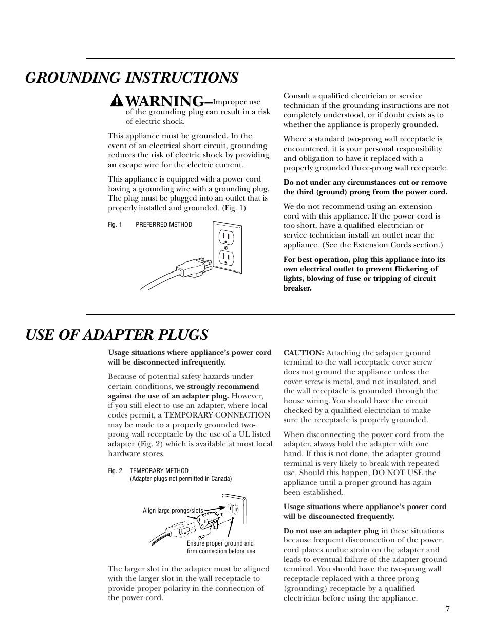 Adapter plugs, Grounding instructions, Grounding instructions warning | Use of adapter plugs | GE ZE2160SF User Manual | Page 7 / 28