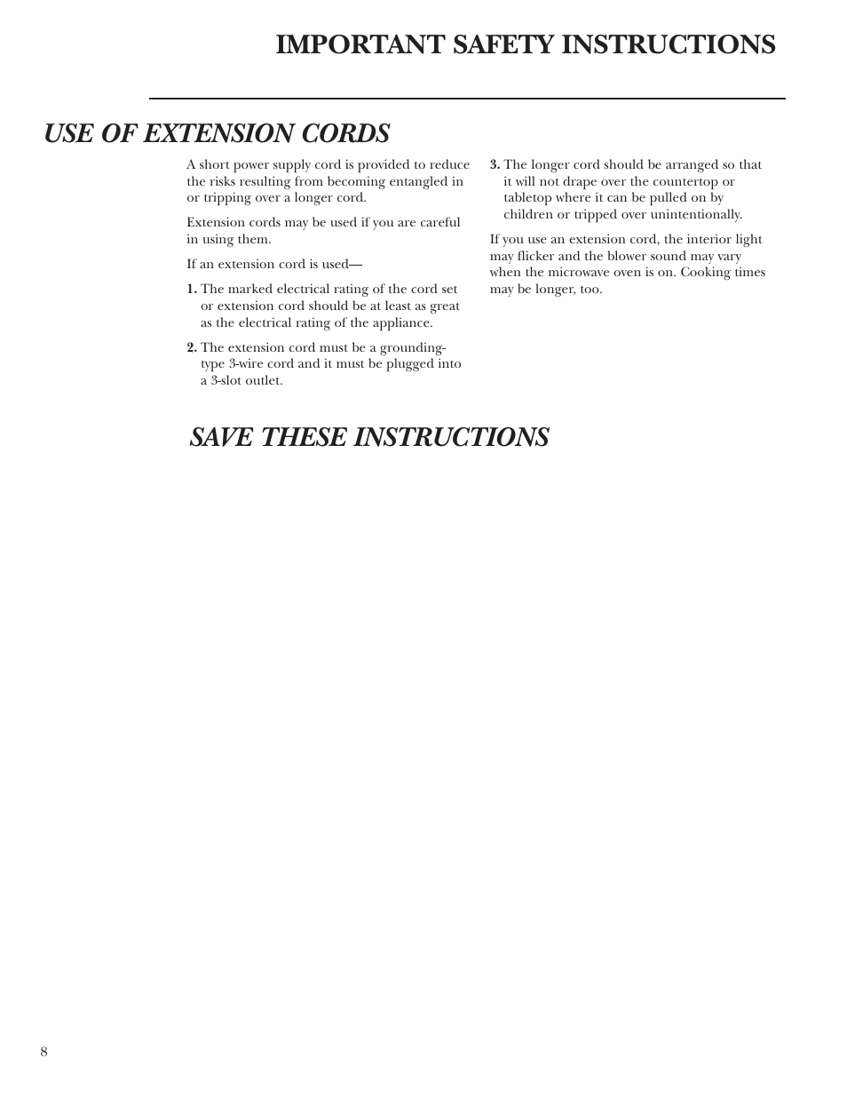 Extension cords | GE ZE2160SF User Manual | Page 8 / 28