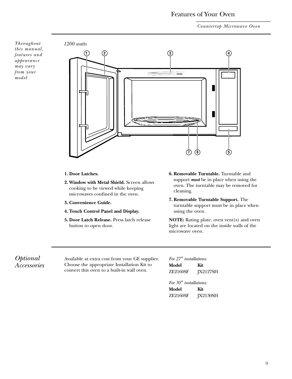 Features of your oven, Optional accessories | GE ZE2160SF User Manual | Page 9 / 28