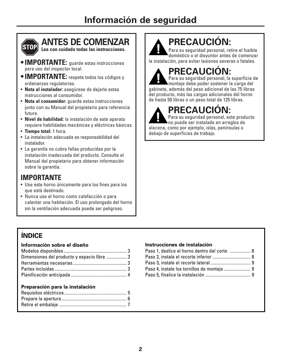 Índice, Información sobre el diseño, Preparación para la instalación | Instrucciones de instalación, Información de seguridad precaución, Precaución, Antes de comenzar, Importante | GE ZSC1001KSS User Manual | Page 14 / 24