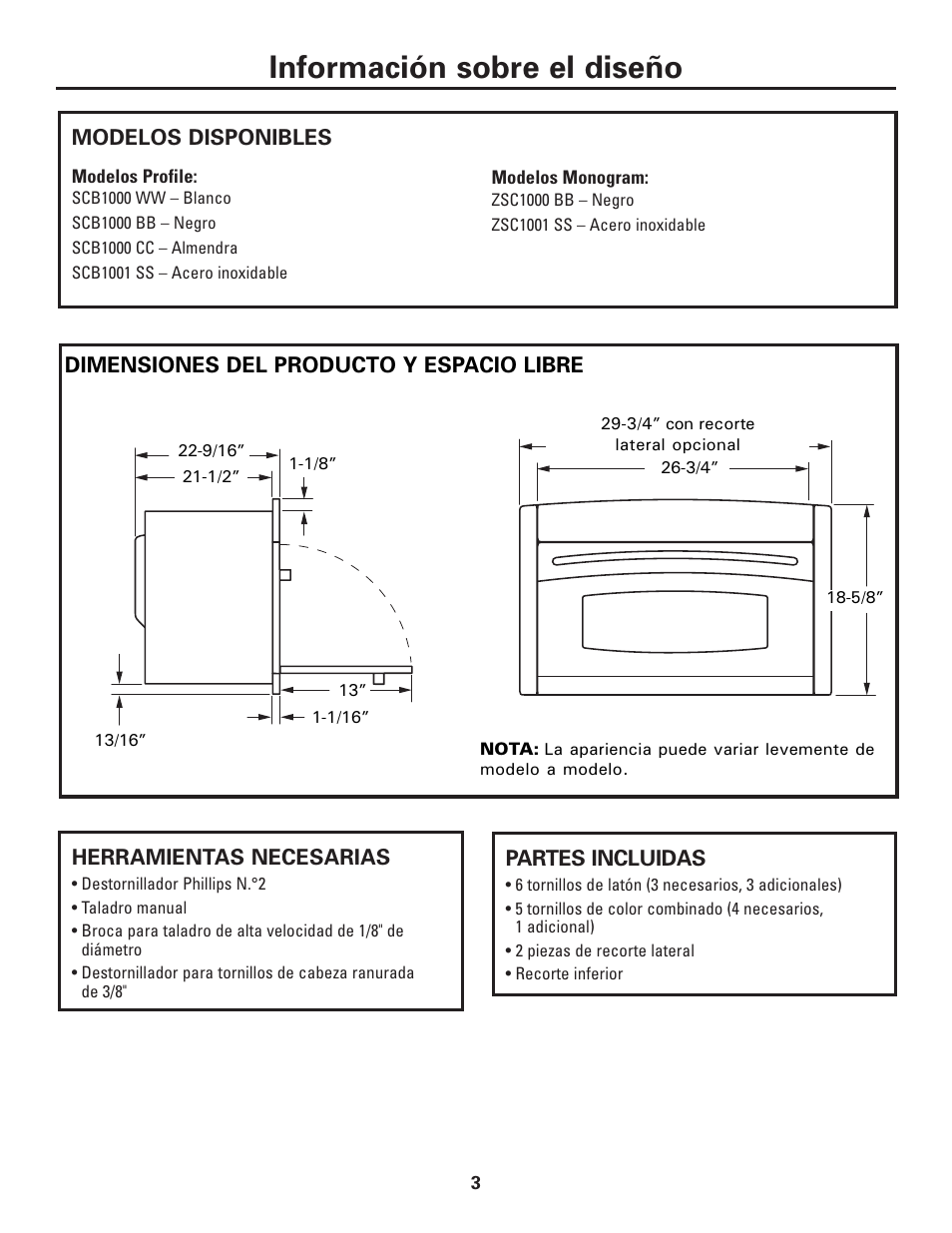 Modelos disponibles, Dimensiones del producto y espacio libre, Herramientas necesarias | Partes incluidas, Información sobre el diseño | GE ZSC1001KSS User Manual | Page 15 / 24