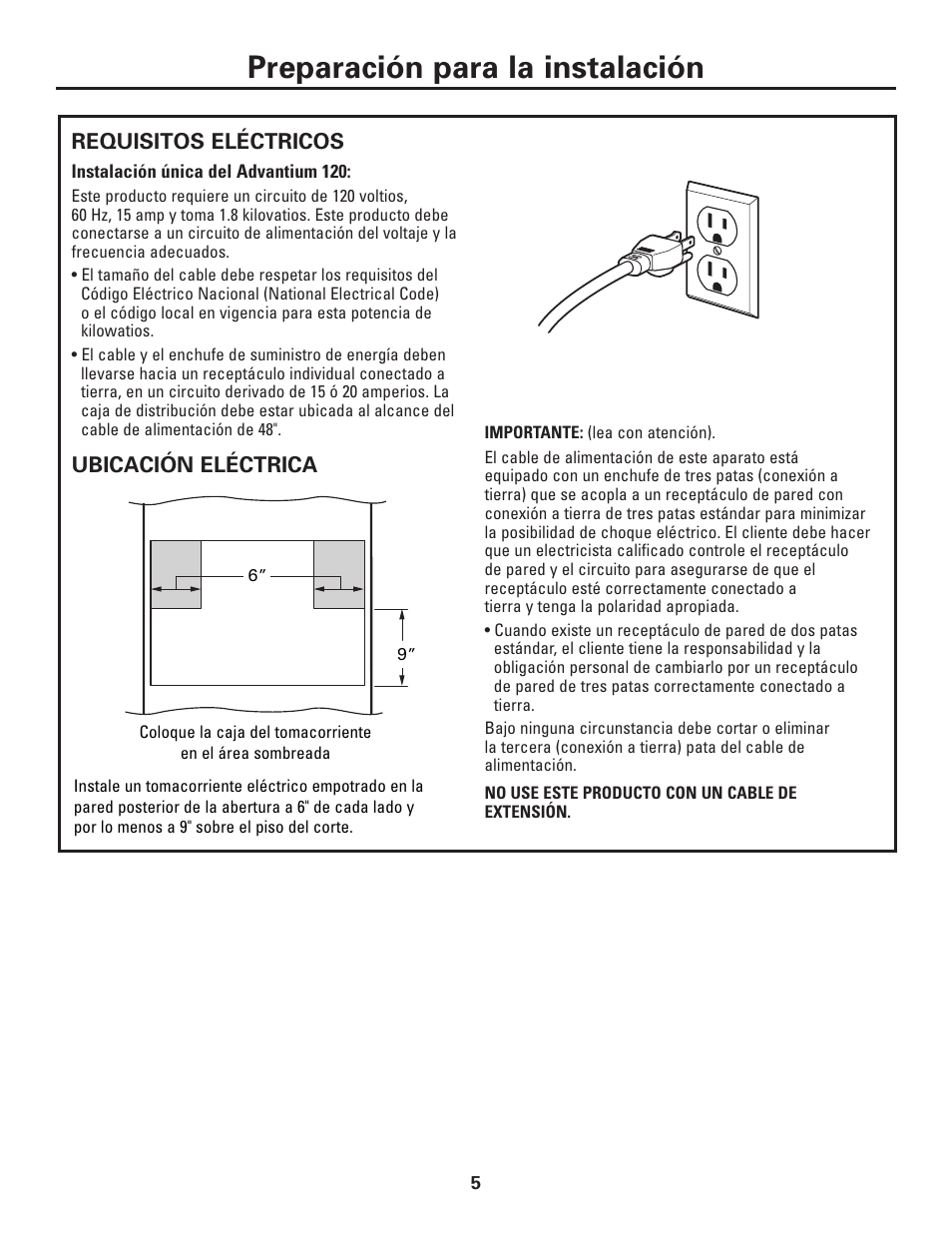 Requisitos eléctricos, Preparación para la instalación | GE ZSC1001KSS User Manual | Page 17 / 24