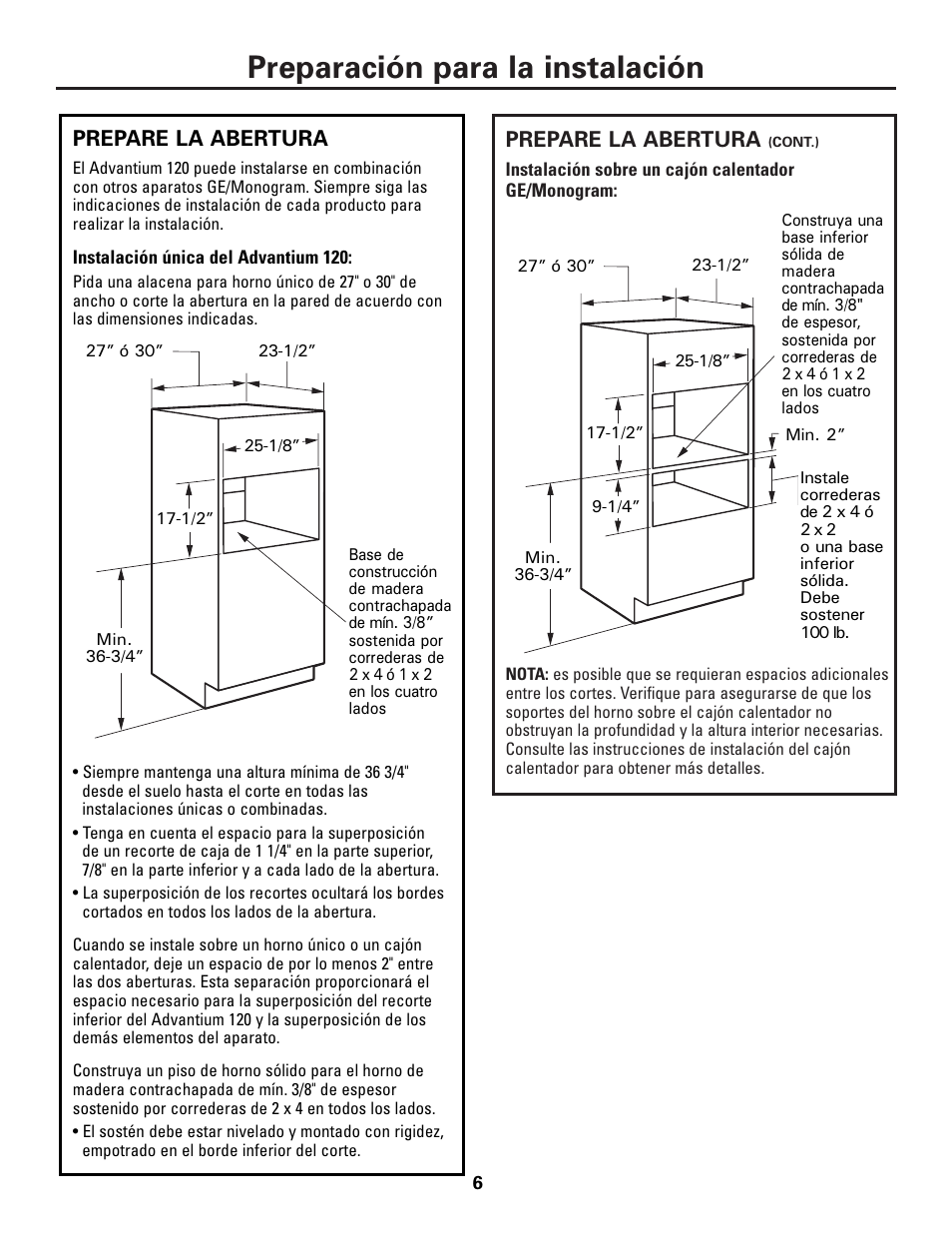 Prepare la apertura, Preparación para la instalación | GE ZSC1001KSS User Manual | Page 18 / 24