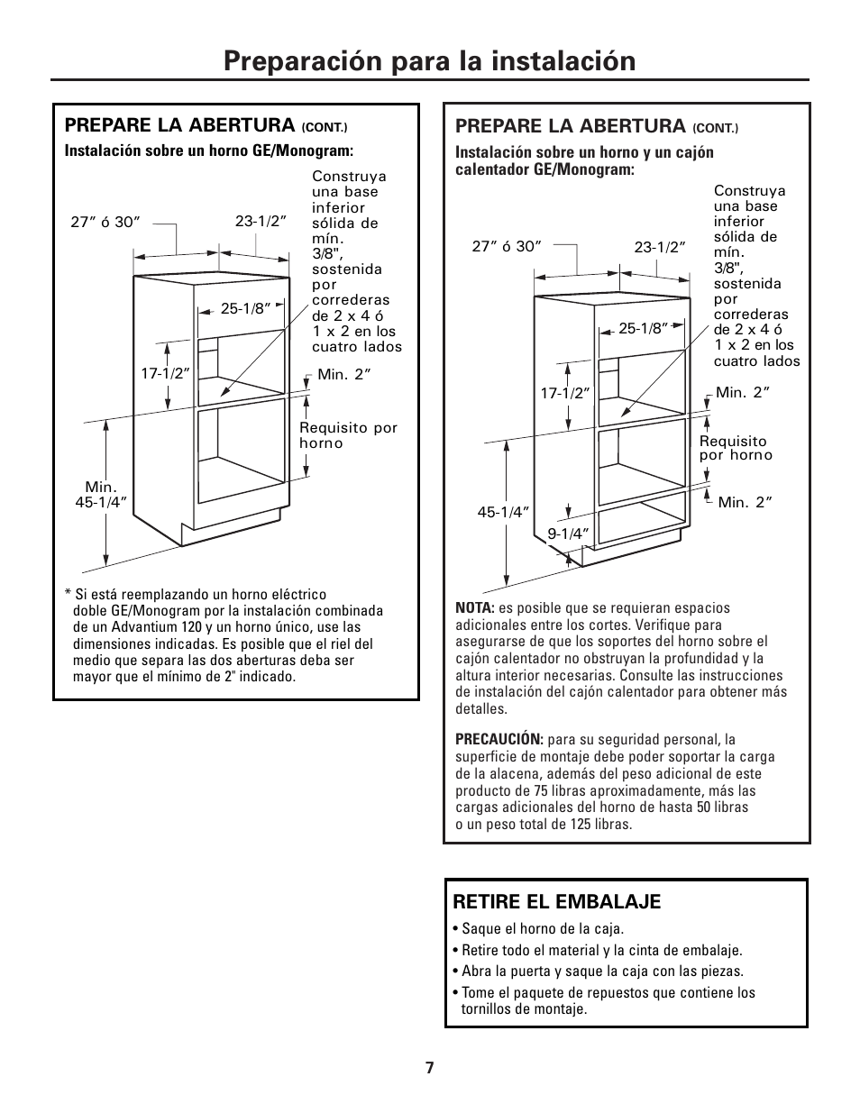 Retire el embalaje, Preparación para la instalación | GE ZSC1001KSS User Manual | Page 19 / 24