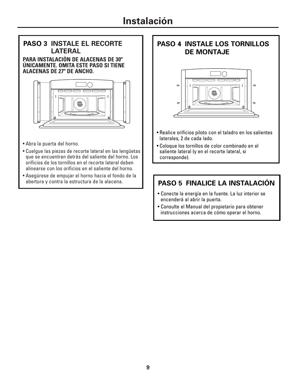 Paso 3, instale el recorte lateral, Paso 4, instale los tornillos de montaje, Paso 5, finalice la instalación | Instalación | GE ZSC1001KSS User Manual | Page 21 / 24