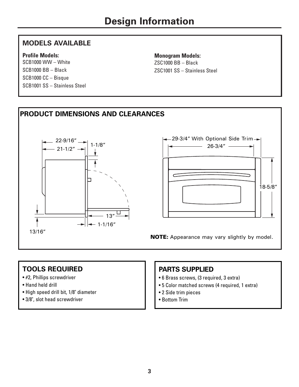 Models available, Product dimensions and clearances, Tools required | Parts supplied, Design information | GE ZSC1001KSS User Manual | Page 3 / 24