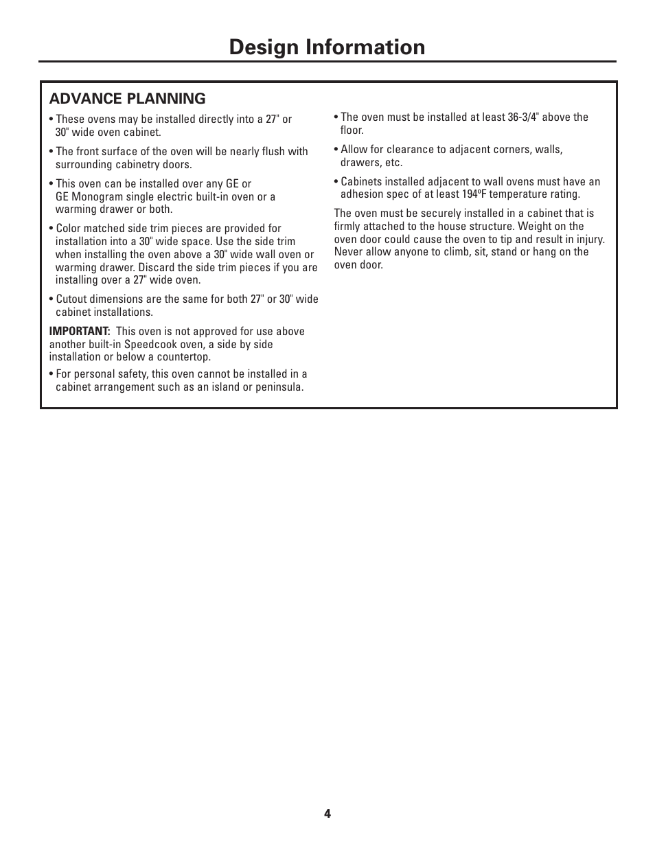 Advance planning, Design information | GE ZSC1001KSS User Manual | Page 4 / 24