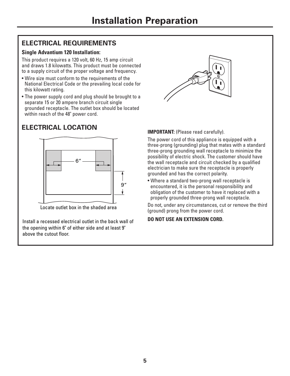 Electrical requirements, Installation preparation | GE ZSC1001KSS User Manual | Page 5 / 24