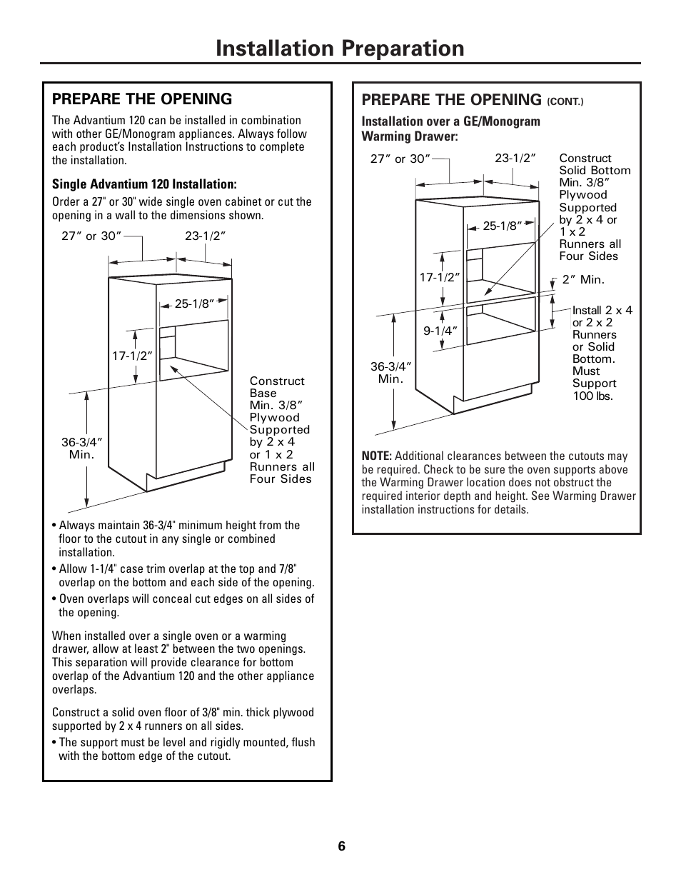 Prepare the opening, Installation preparation | GE ZSC1001KSS User Manual | Page 6 / 24