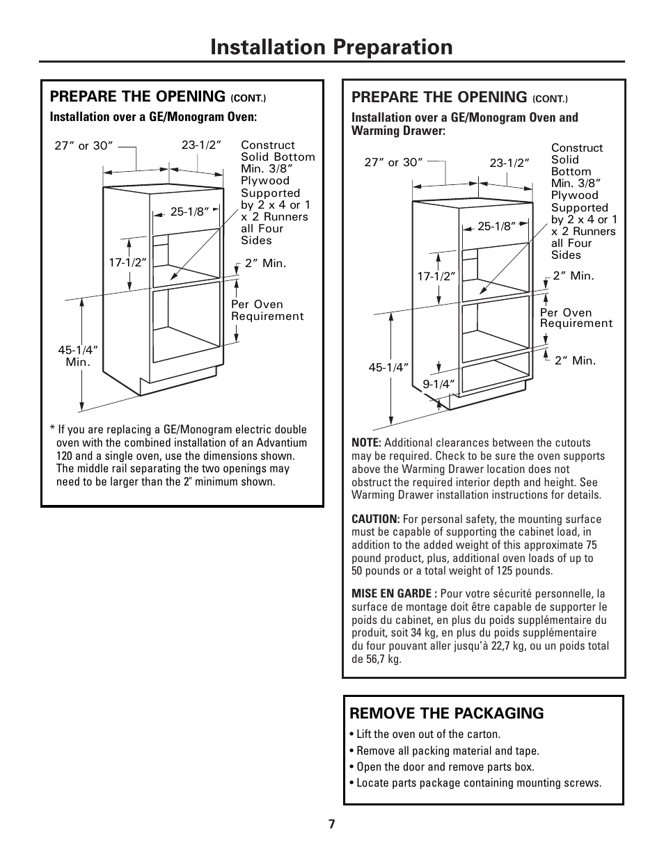 Remove the packaging, Installation preparation | GE ZSC1001KSS User Manual | Page 7 / 24