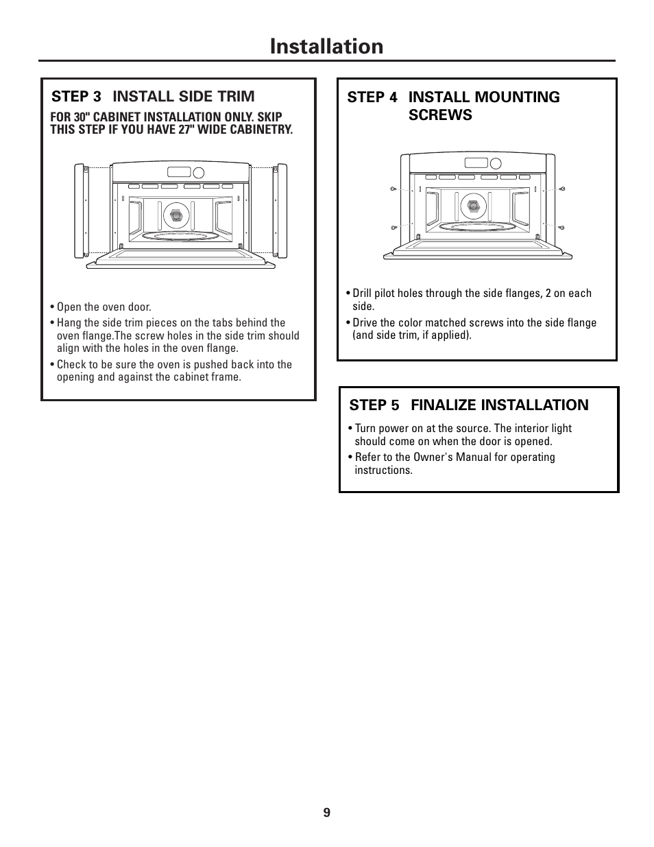 Step 3, install side trim, Step 4, install mounting screws, Step 5, finalize installation | Installation | GE ZSC1001KSS User Manual | Page 9 / 24