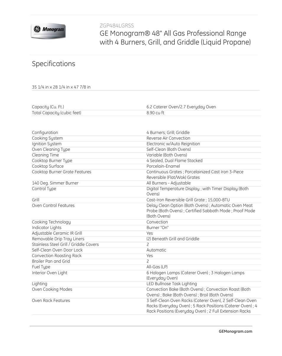 Specifications, Zgp484lgrss | GE ZGP484LGRSS User Manual | Page 3 / 4