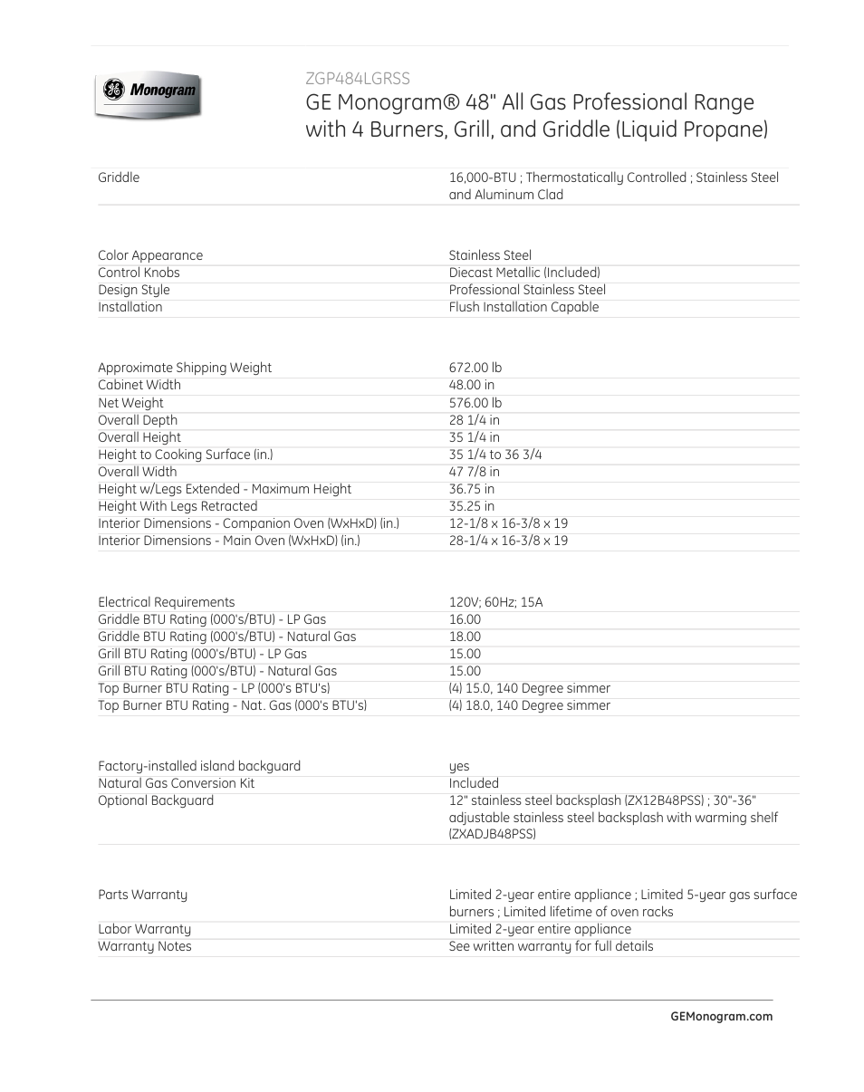 Zgp484lgrss | GE ZGP484LGRSS User Manual | Page 4 / 4