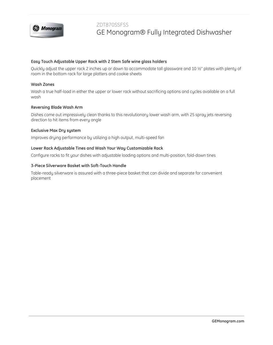 Ge monogram® fully integrated dishwasher | GE ZDT870SSFSS User Manual | Page 2 / 5