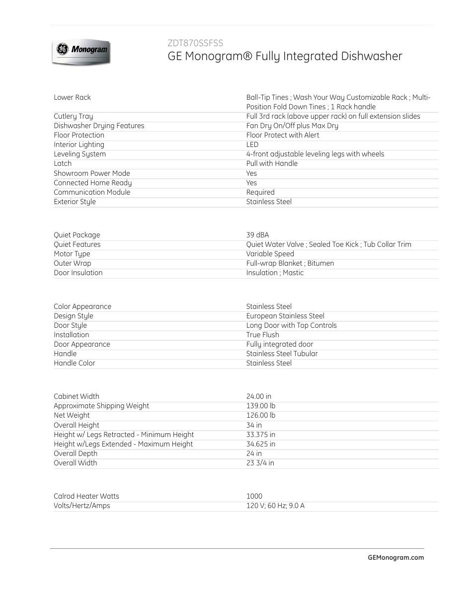 Ge monogram® fully integrated dishwasher, Zdt870ssfss | GE ZDT870SSFSS User Manual | Page 4 / 5