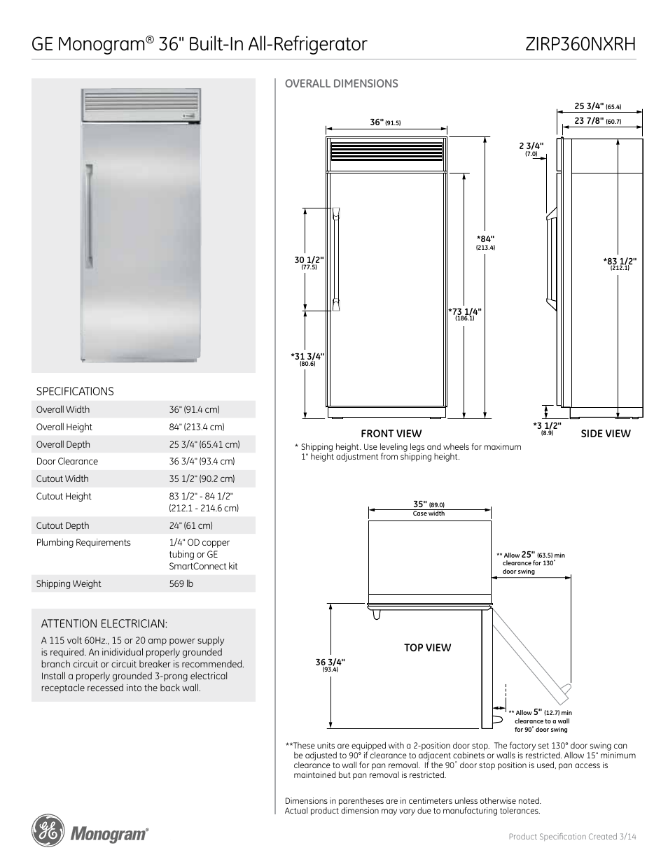 GE ZIRP360NXRH User Manual | 5 pages