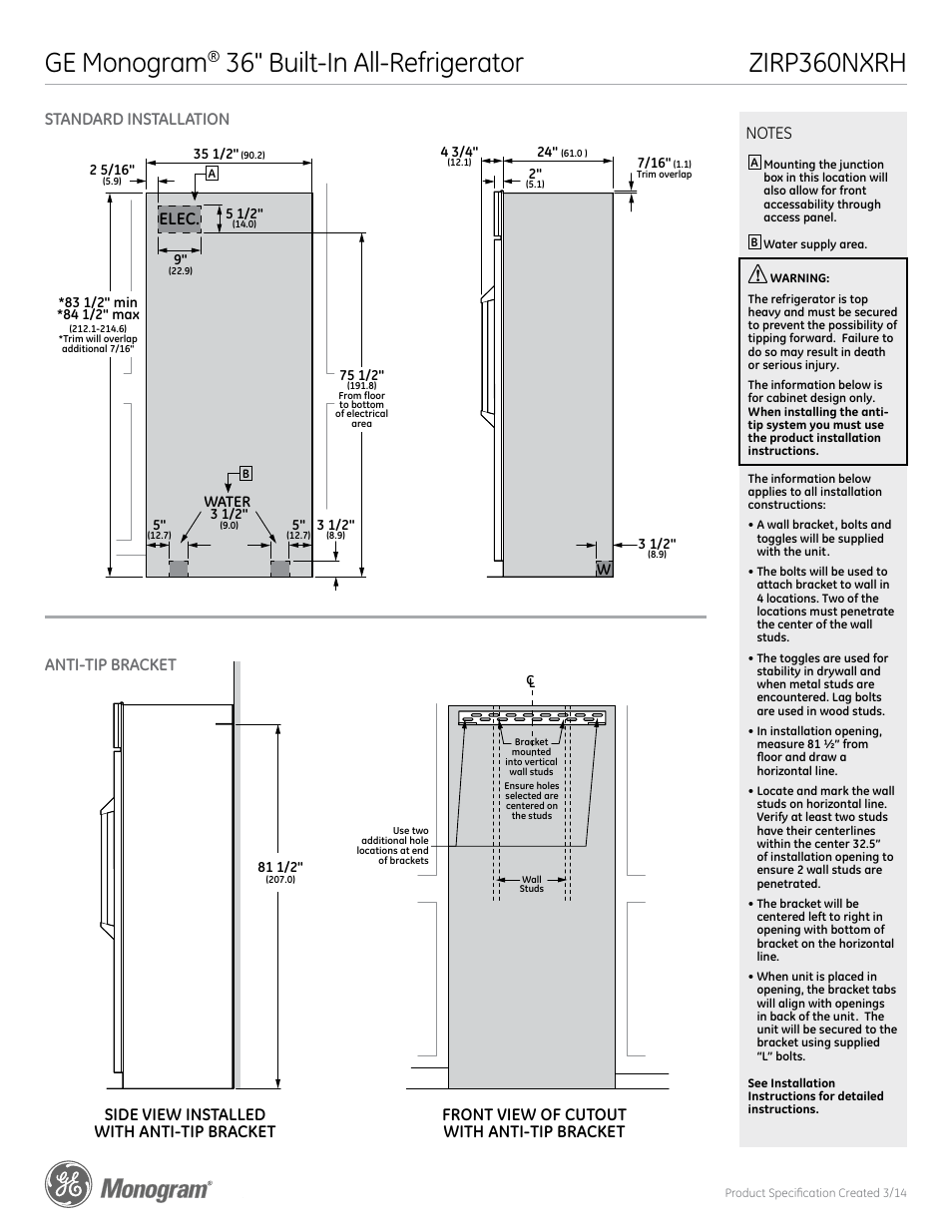 Ge monogram, Zirp360nxrh, Standard installation anti-tip bracket | Elec, Side view, Front view, Side view installed with anti-tip bracket, Front view of cutout with anti-tip bracket | GE ZIRP360NXRH User Manual | Page 2 / 5