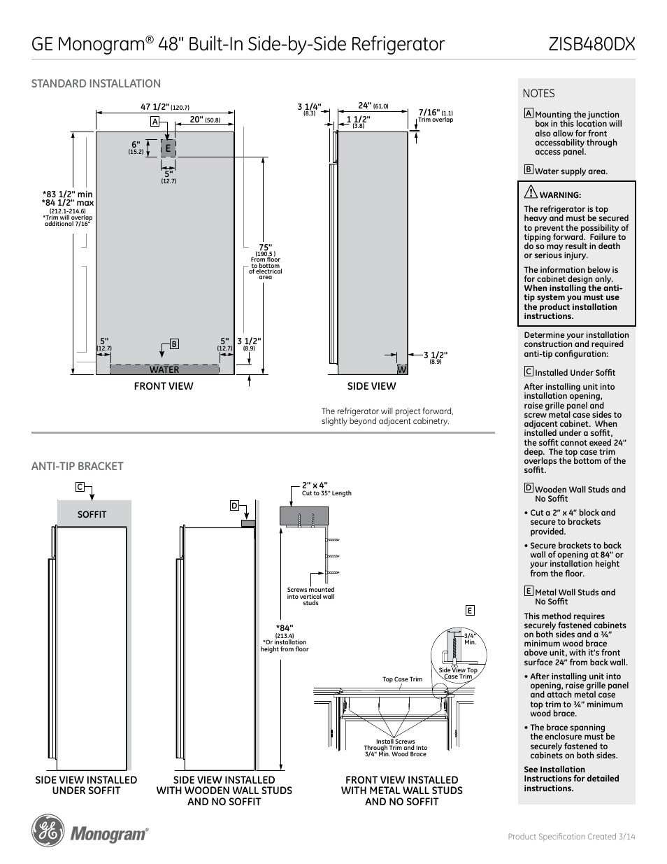 Ge monogram, 48" built-in side-by-side refrigerator, Zisb480dx | Standard installation anti-tip bracket | GE ZISB480DX User Manual | Page 2 / 6