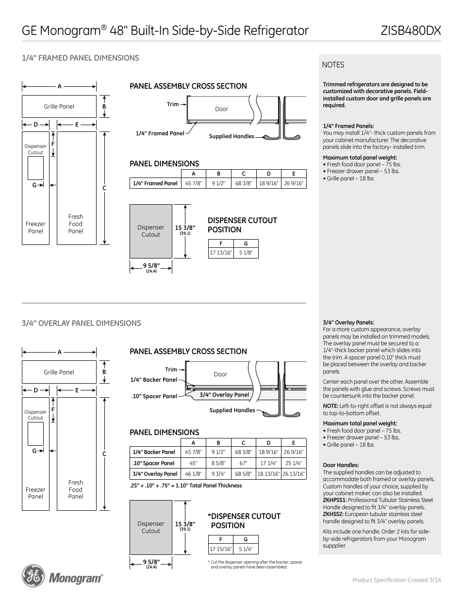 Ge monogram, Dispenser cutout position panel dimensions, Panel dimensions * dispenser cutout position | GE ZISB480DX User Manual | Page 4 / 6