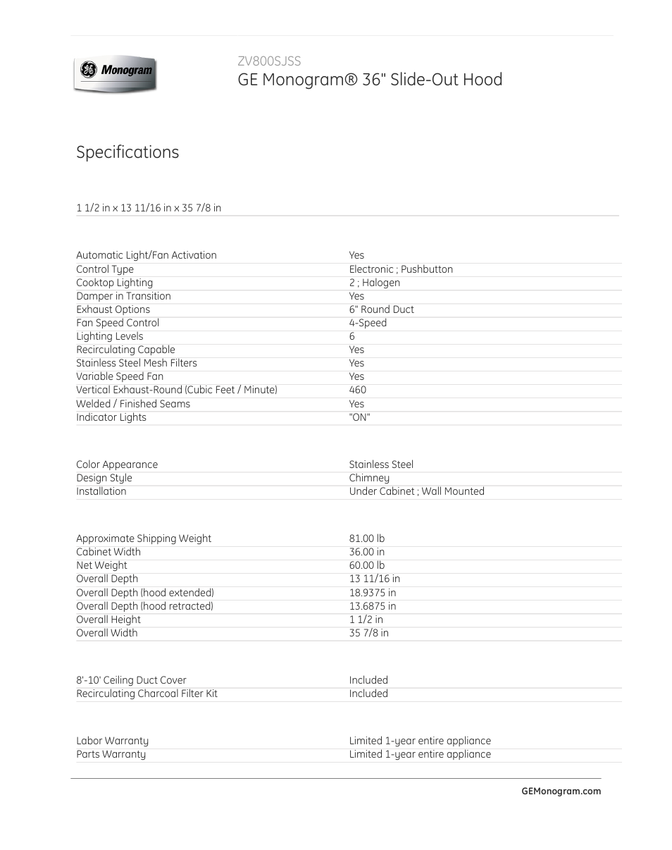 Ge monogram® 36" slide-out hood, Specifications, Zv800sjss | GE ZV800SJSS User Manual | Page 2 / 3