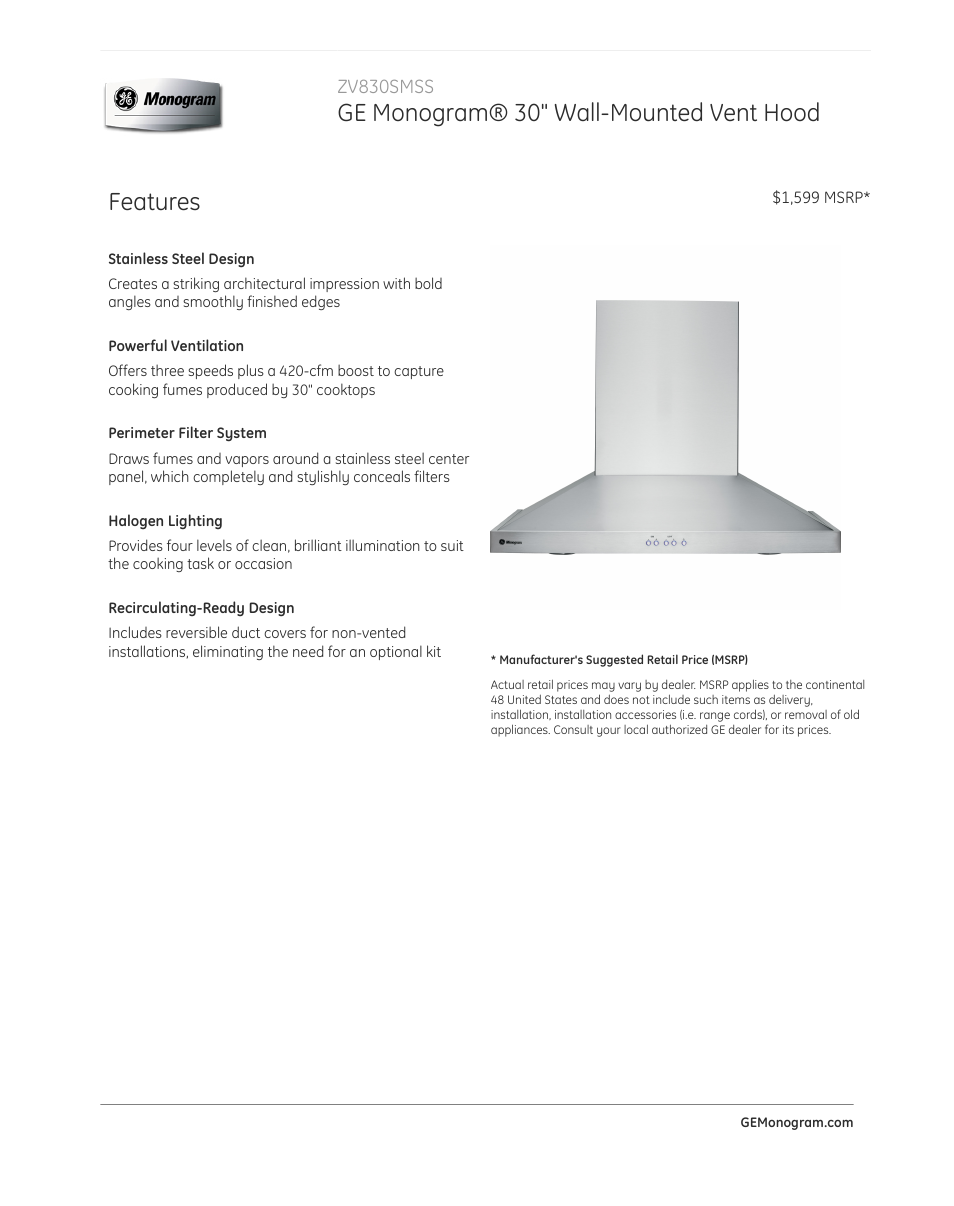GE ZV830SMSS User Manual | 3 pages