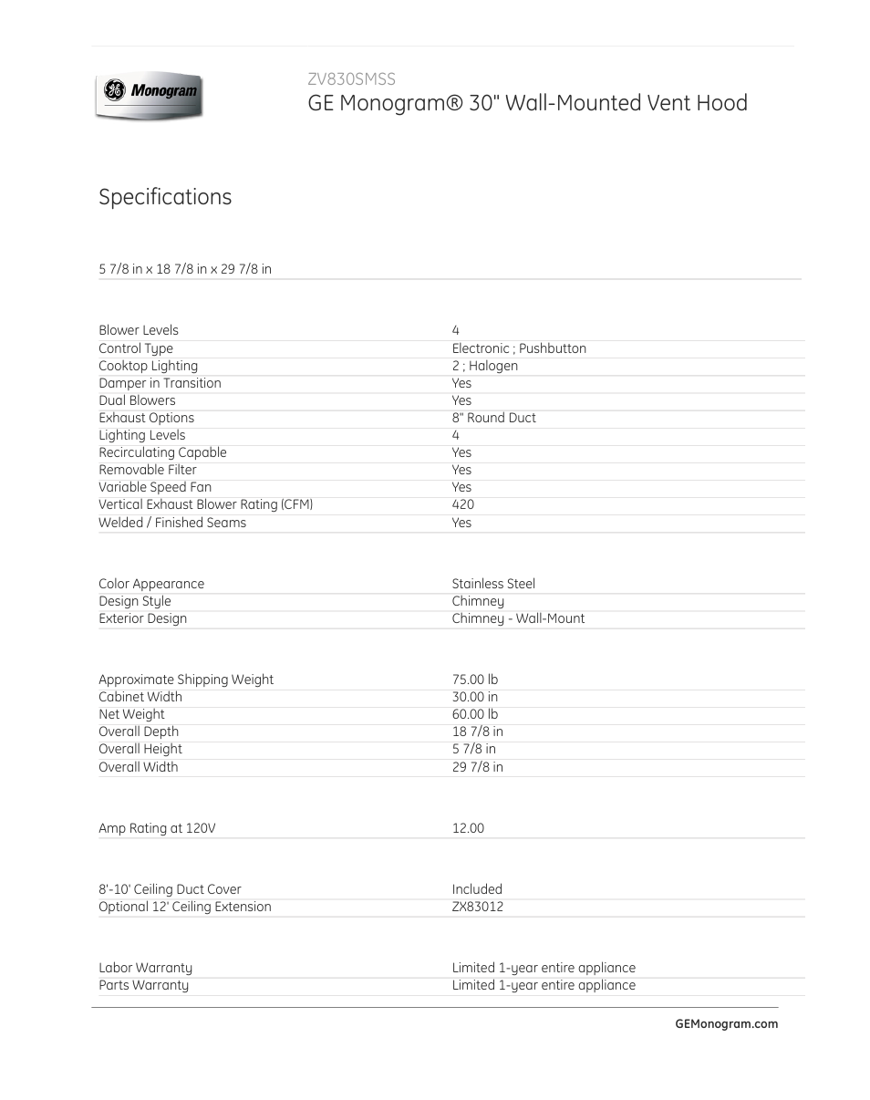 Ge monogram® 30" wall-mounted vent hood, Specifications, Zv830smss | GE ZV830SMSS User Manual | Page 2 / 3