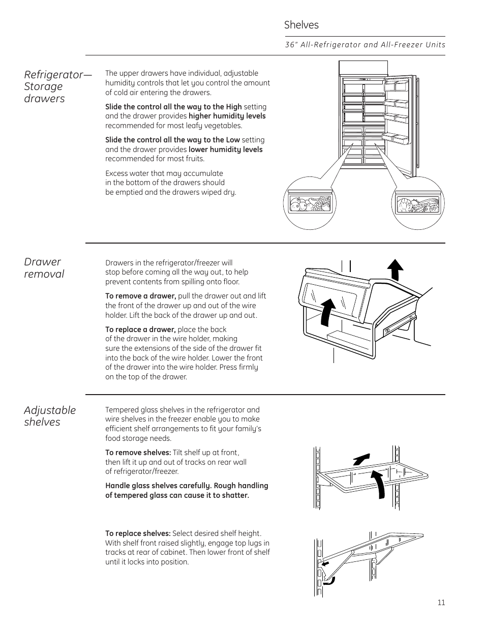 Shelves, Shelves , 12, Adjustable shelves | Refrigerator— storage drawers, Drawer removal | GE ZIF360NXLH User Manual | Page 11 / 28