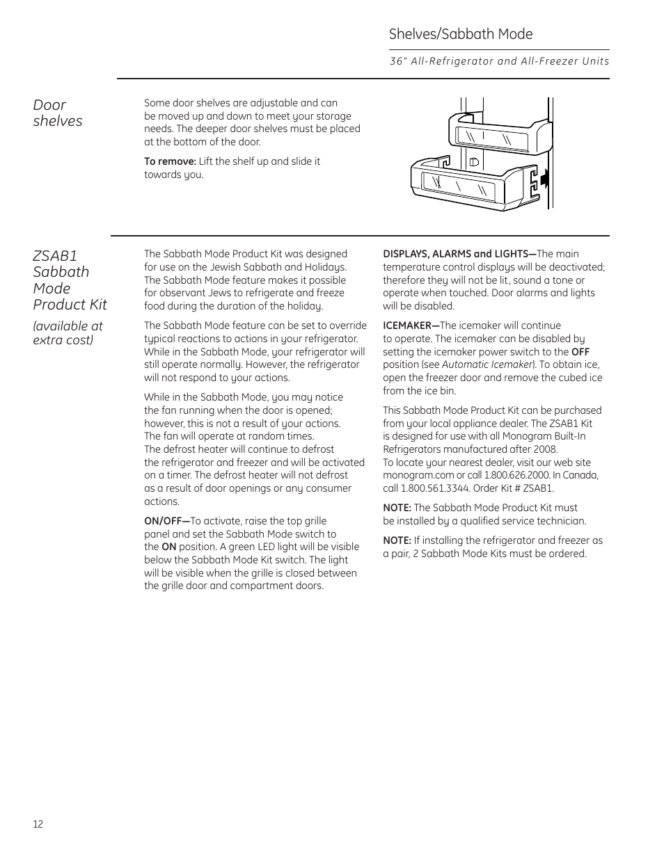 Sabbath mode product, Shelves/sabbath mode door shelves, Zsab1 sabbath mode product kit | GE ZIF360NXLH User Manual | Page 12 / 28