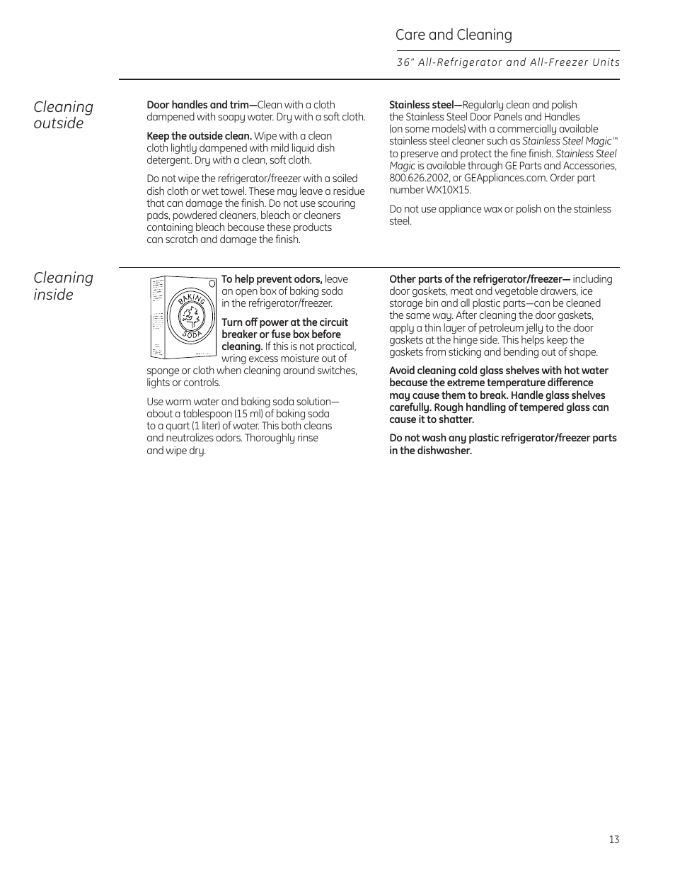 Cleaning—outside and inside, Care and cleaning cleaning outside, Cleaning inside | GE ZIF360NXLH User Manual | Page 13 / 28