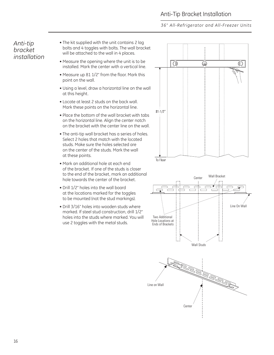 Anti-tip bracket installation, Anti-tip bracket installation –20 | GE ZIF360NXLH User Manual | Page 16 / 28
