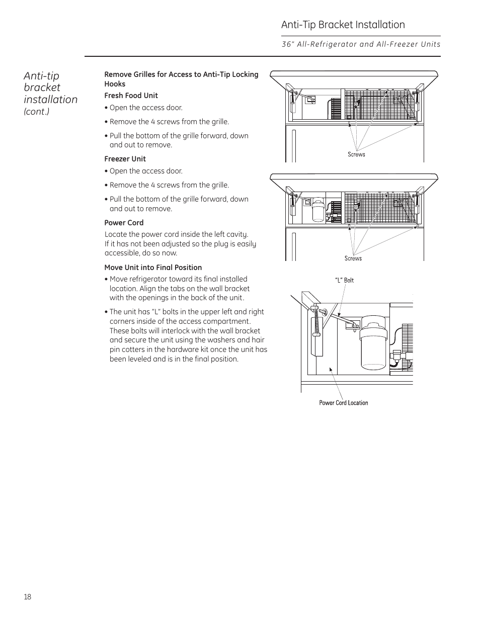Anti-tip bracket installation | GE ZIF360NXLH User Manual | Page 18 / 28