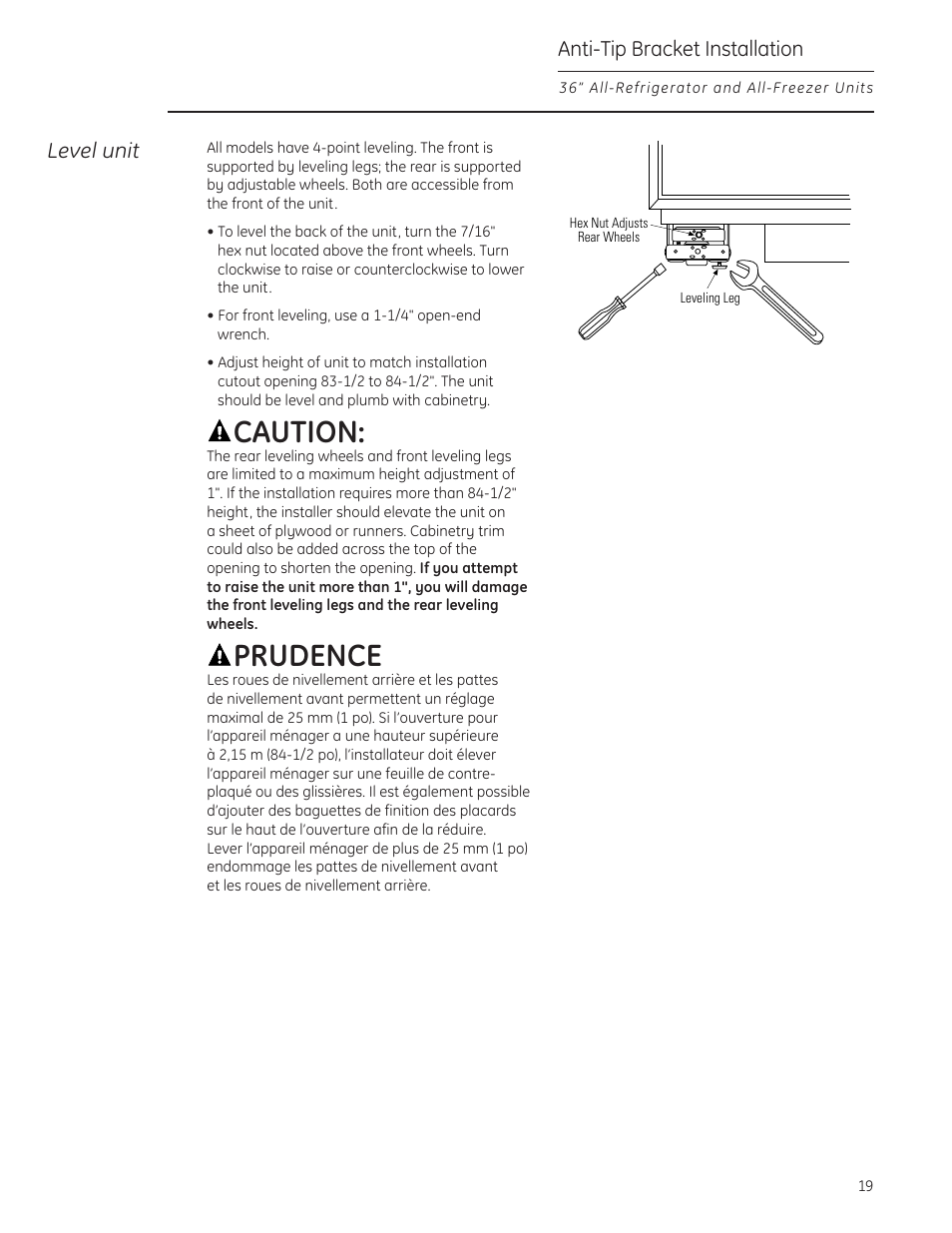 Caution, Prudence, Anti-tip bracket installation | Level unit | GE ZIF360NXLH User Manual | Page 19 / 28