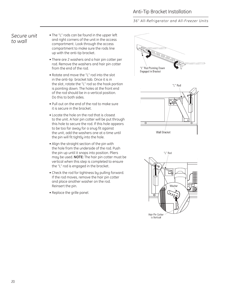 Anti-tip bracket installation, Secure unit to wall | GE ZIF360NXLH User Manual | Page 20 / 28