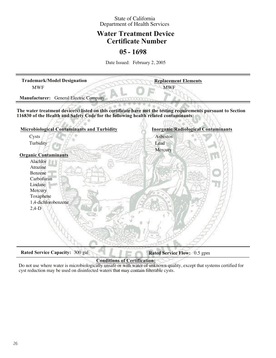 Water treatment device certificate number | GE ZIF360NXLH User Manual | Page 26 / 28