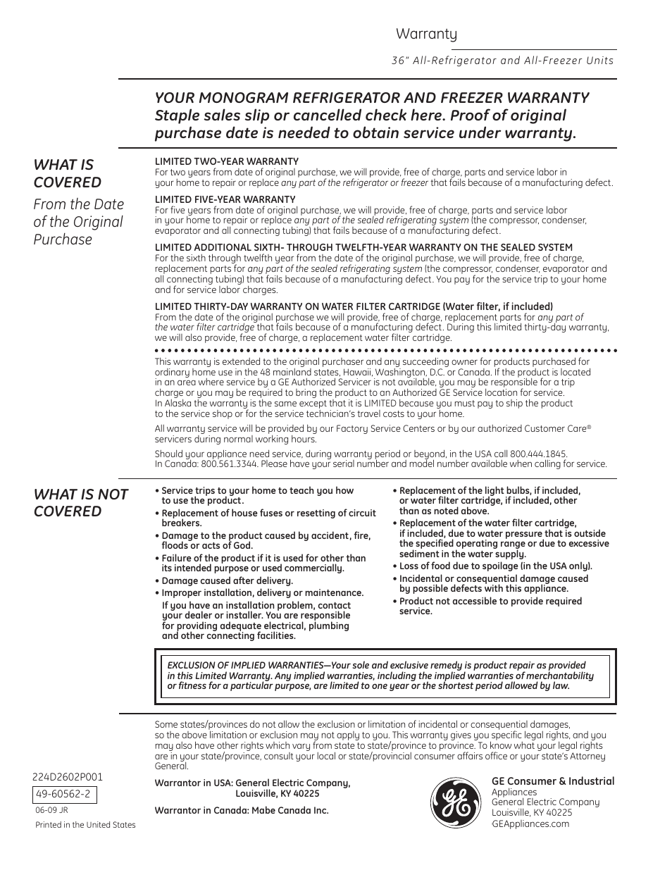 Warranty, What is not covered | GE ZIF360NXLH User Manual | Page 28 / 28