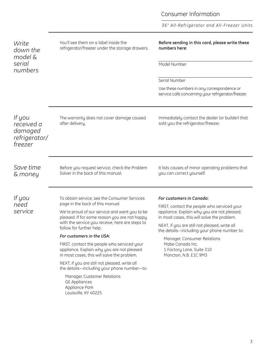 Model and serial numbers, Product registration, Write down the model & serial numbers | If you received a damaged refrigerator/ freezer, Save time & money, If you need service, Consumer information | GE ZIF360NXLH User Manual | Page 3 / 28