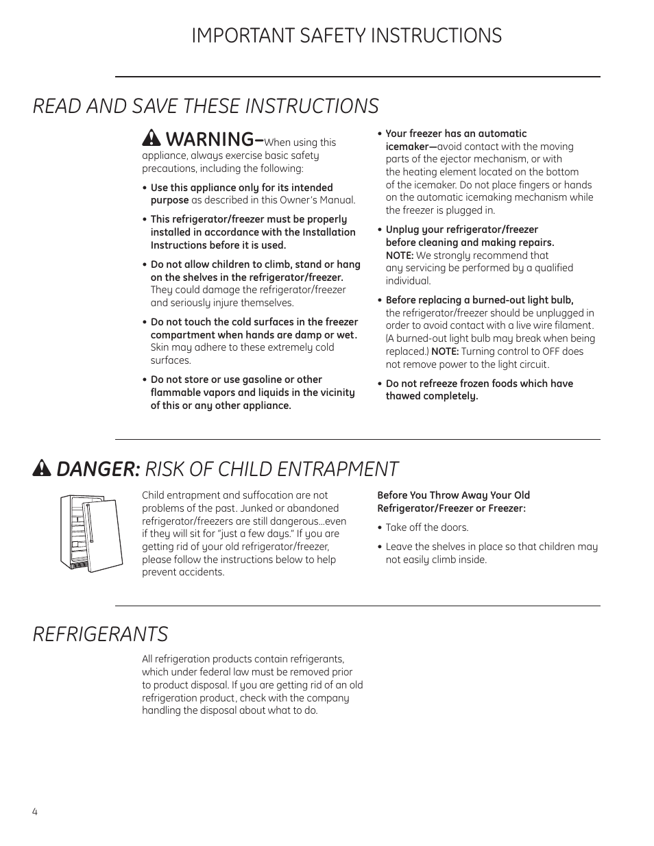 Safety instructions, Safety instructions –7, Wdanger: risk of child entrapment | Refrigerants, Warning | GE ZIF360NXLH User Manual | Page 4 / 28