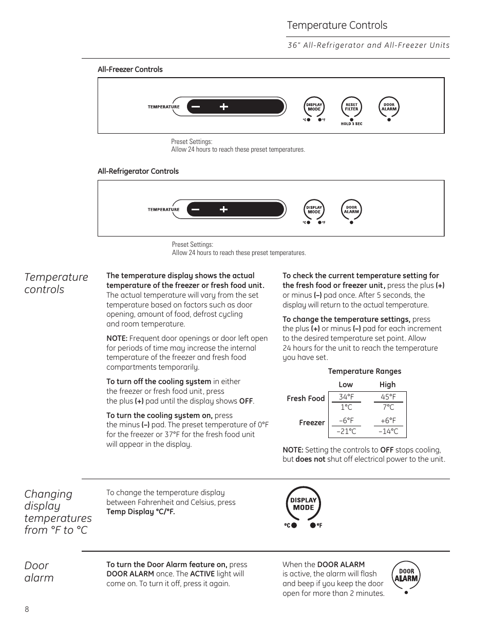 Temperature controls, Door alarm | GE ZIF360NXLH User Manual | Page 8 / 28