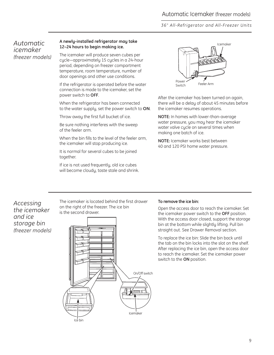 Automatic icemaker, Accessing the icemaker and ice storage bin | GE ZIF360NXLH User Manual | Page 9 / 28