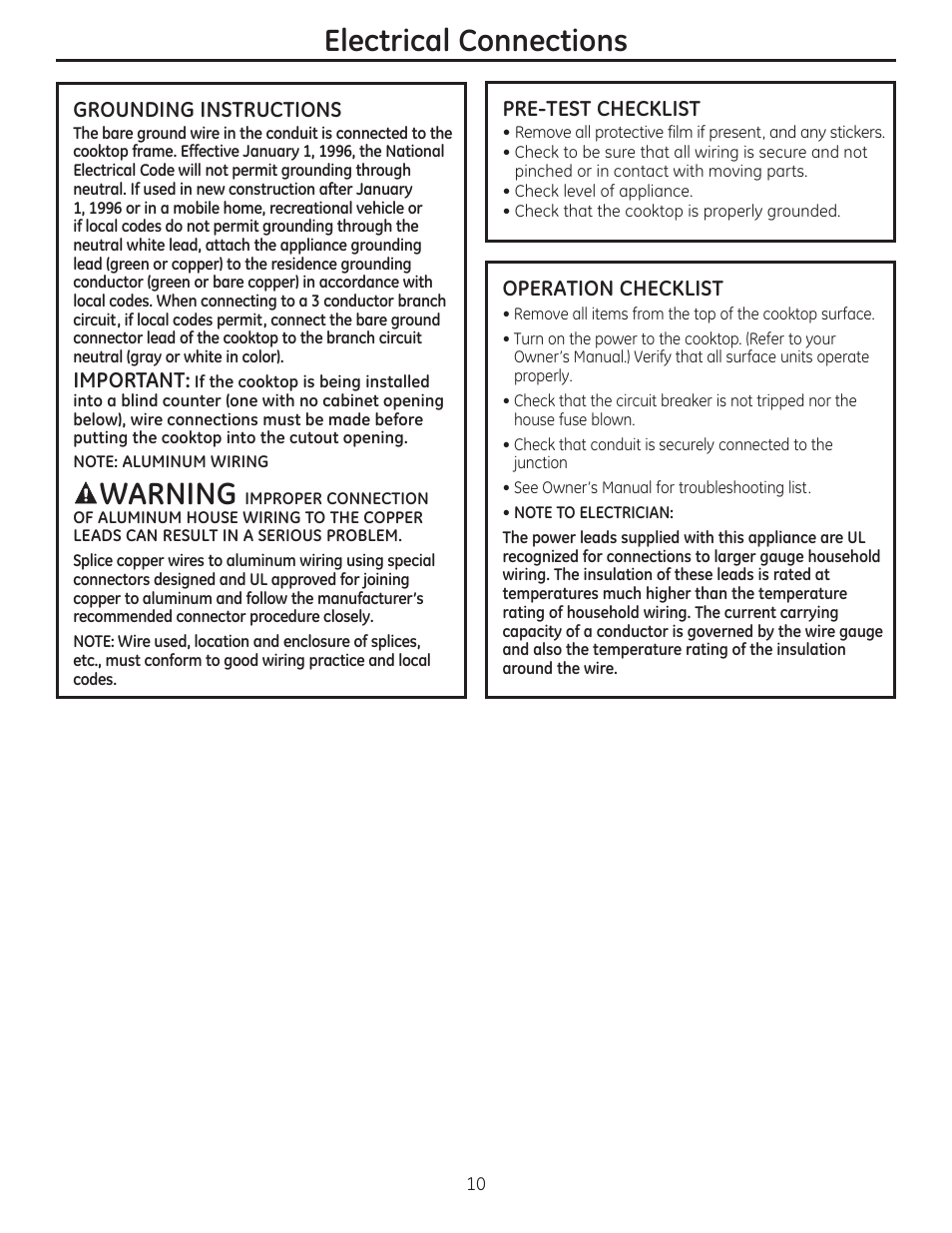 Electrical connections, Warning | GE ZEU30RSFSS User Manual | Page 10 / 24