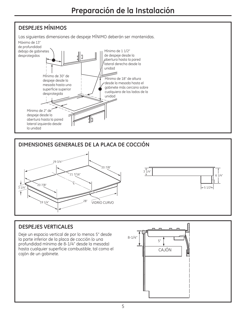 Preparación de la instalación, Despejes mínimos, Dimensiones generales de la placa de cocción | Despejes verticales | GE ZEU30RSFSS User Manual | Page 17 / 24