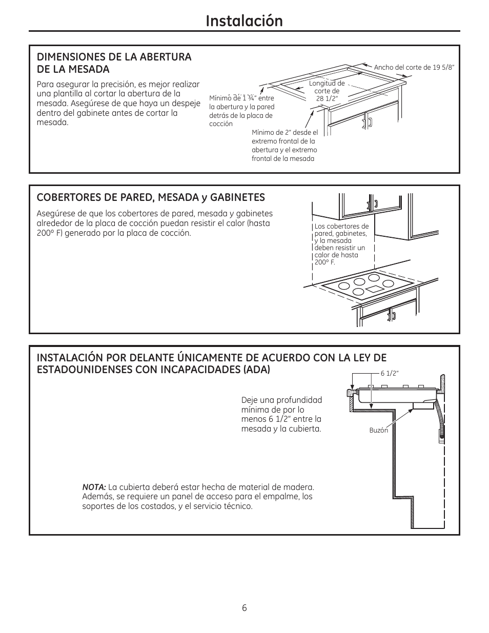 Instalación, Dimensiones de la abertura de la mesada | GE ZEU30RSFSS User Manual | Page 18 / 24