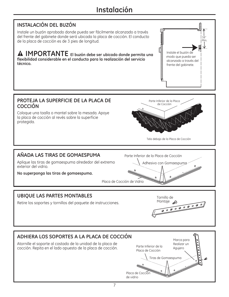 Instalación, Importante, Añada las tiras de gomaespuma | Ubique las partes montables, Adhiera los soportes a la placa de cocción, Instalación del buzón, Proteja la superficie de la placa de cocción | GE ZEU30RSFSS User Manual | Page 19 / 24