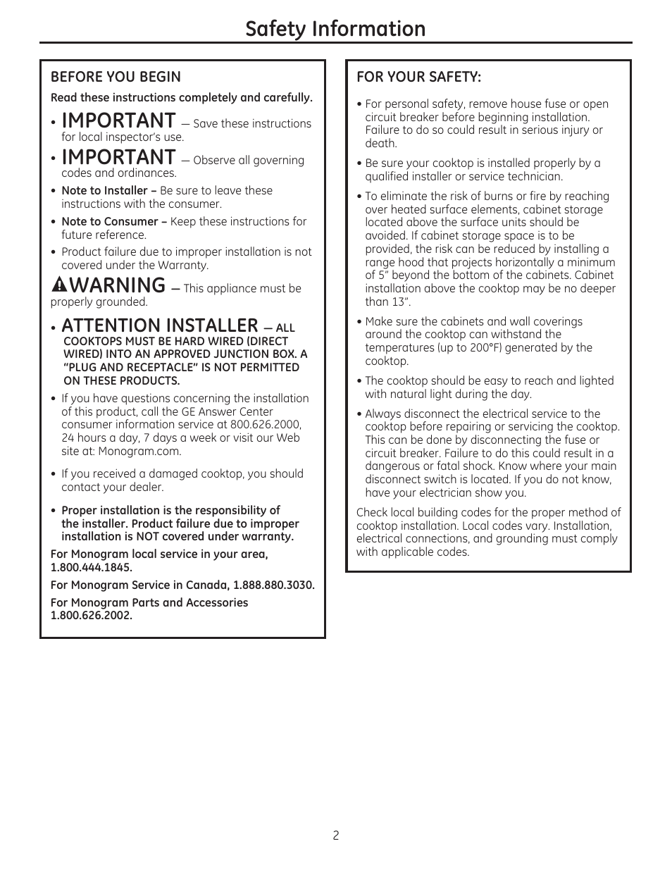 Important, Warning, Safety information | Attention installer | GE ZEU30RSFSS User Manual | Page 2 / 24