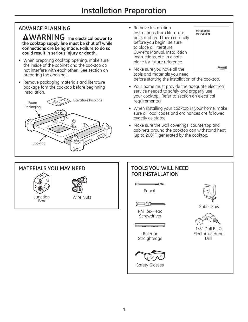 Warning, Installation preparation, Advance planning | Tools you will need for installation, Materials you may need | GE ZEU30RSFSS User Manual | Page 4 / 24