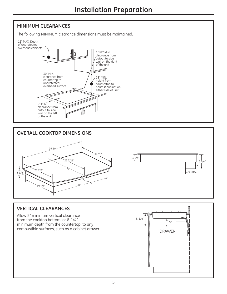 Installation preparation, Minimum clearances, Overall cooktop dimensions | Vertical clearances | GE ZEU30RSFSS User Manual | Page 5 / 24